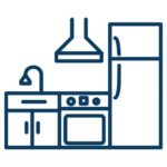 Icon of a kitchen layout featuring cabinets, stove, and refrigerator, representing cabinet painting services for kitchen upgrades at Handymasters Painting Co.