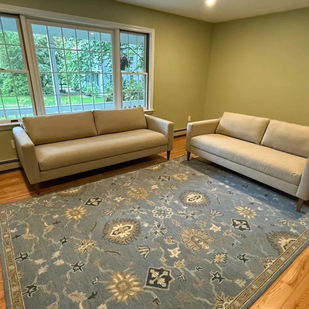 Living room with two modern beige sofas on a decorative blue rug, featuring a fresh green wall and large windows allowing natural light.
