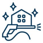 Pressure washing icon featuring a house and spray nozzle, symbolizing cleaning services for siding, decks, and driveways offered by Handymasters Painting Co.