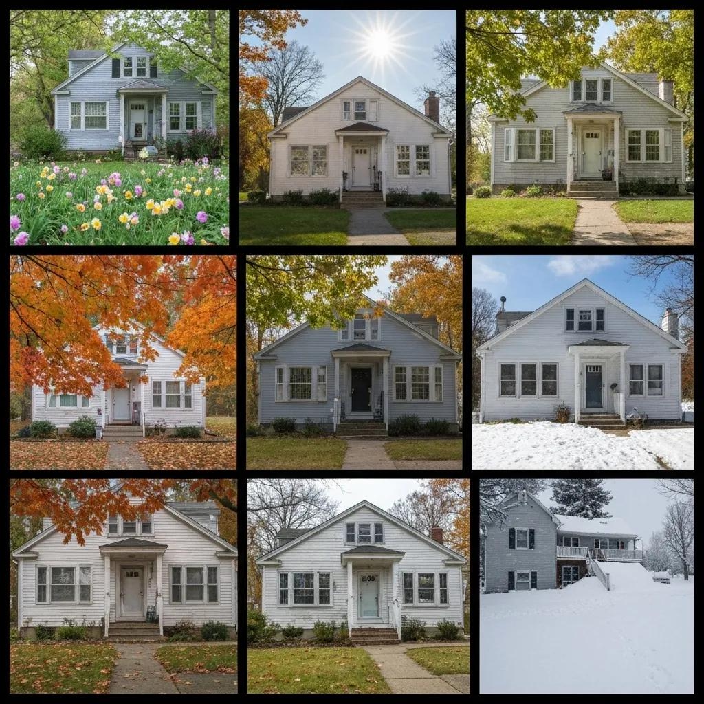 Seasonal collage of exterior house painting in Dover, NH, showcasing homes in spring flowers, summer sun, autumn leaves, and winter snow, illustrating optimal painting times and weather conditions.