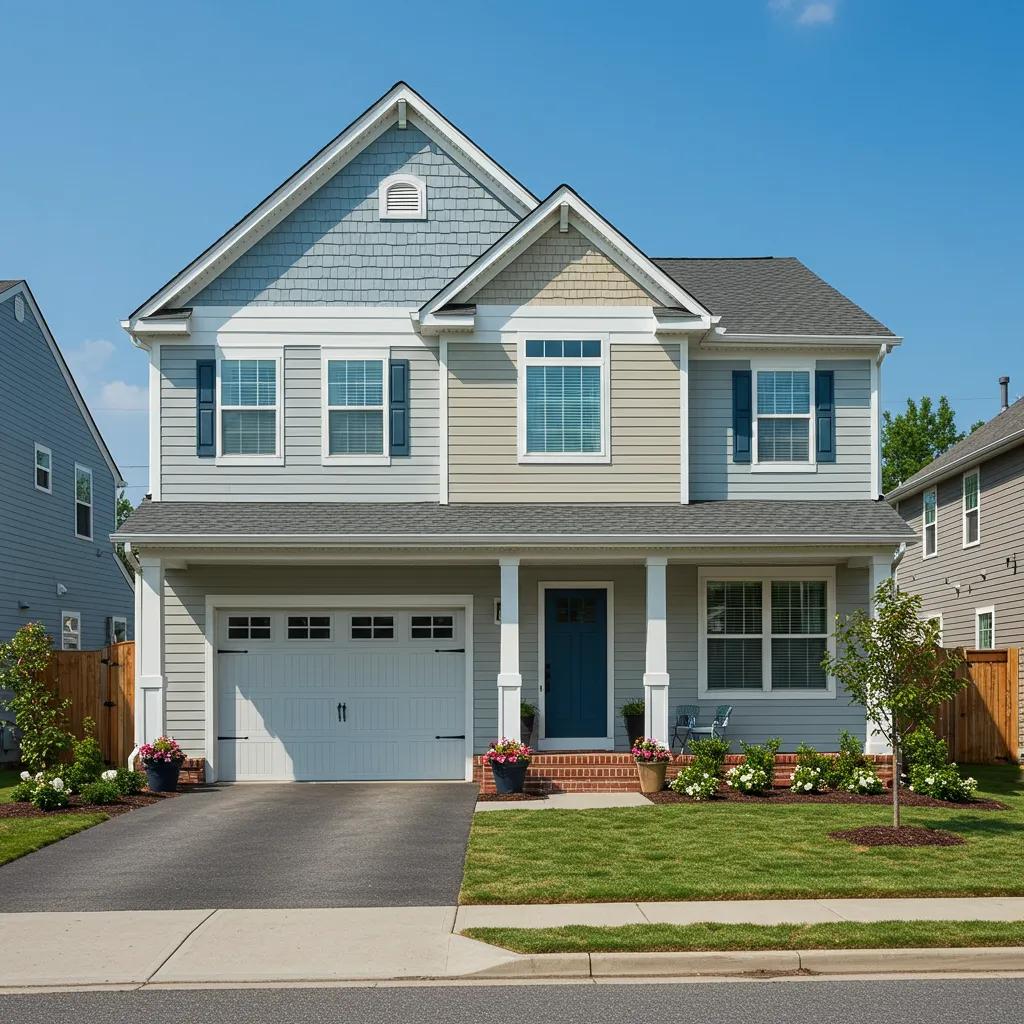 Beautifully painted Portsmouth home featuring coastal blue, warm greige, and classic white exterior colors, enhancing curb appeal and inviting potential buyers.