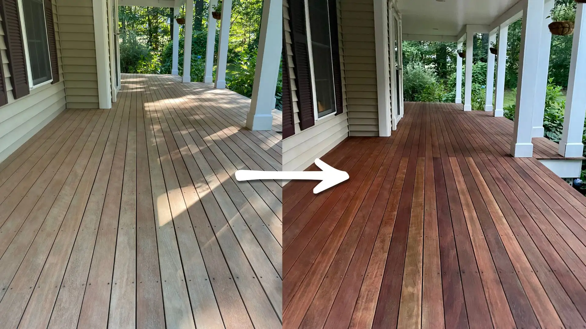 Before and after image of a deck restoration project showcasing transformed weathered wood into rich mahogany tones, highlighting professional deck staining and power washing services by Handymasters Painting Co.