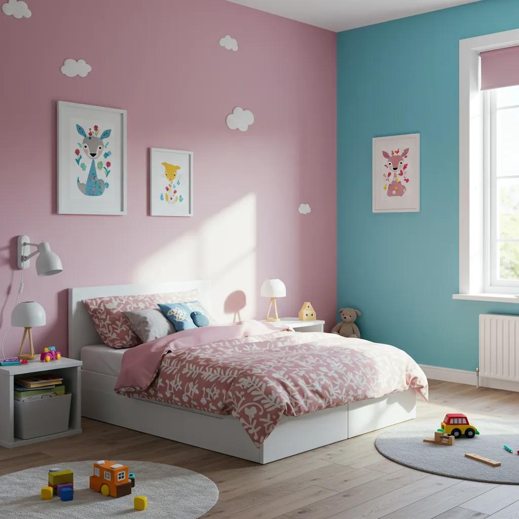 Children's room painted with low-VOC and zero-VOC paint, featuring a cozy bed with colorful bedding, playful wall art, soft lighting, and a safe, vibrant environment for kids.