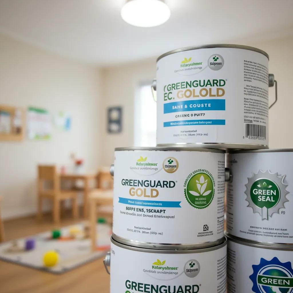 Eco-friendly paint cans with GREENGUARD Gold and Green Seal certifications, ensuring safety for children's rooms, in a well-lit interior setting with wooden furniture and colorful toys.