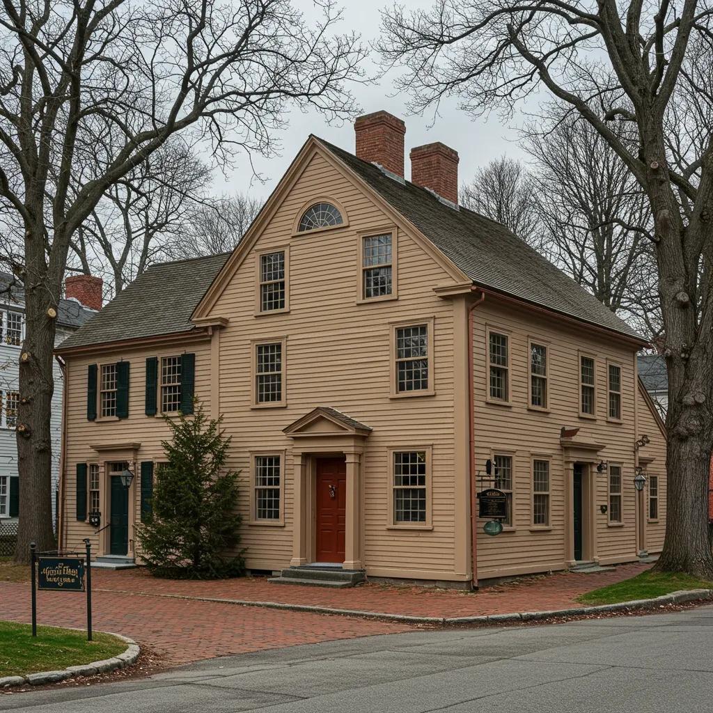 Historic Main Street Colonial home in Durham, NH, featuring period colors, traditional architectural details, and a brick walkway, reflecting preservation standards and local heritage.