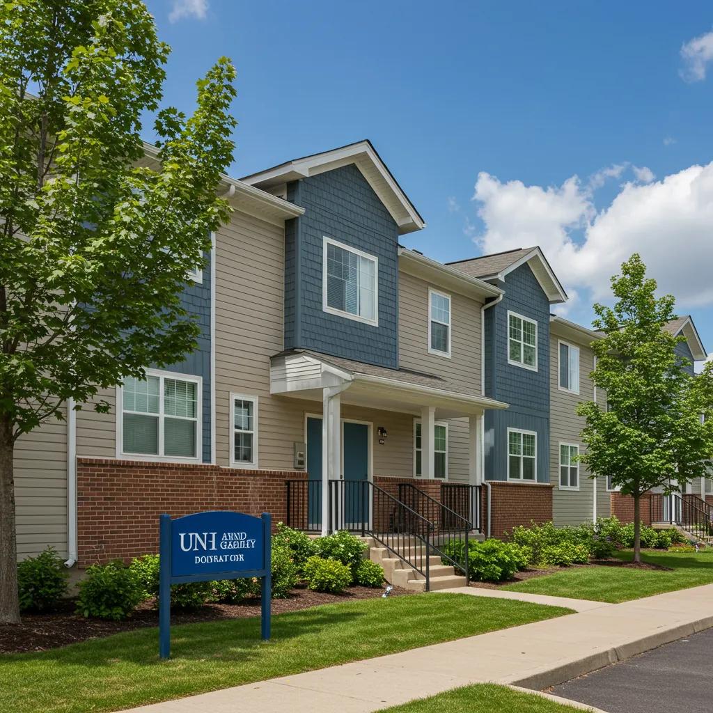 Modern UNH faculty housing unit with green landscaping, featuring a mix of siding materials and a prominent sign for the property, representing contemporary living solutions in Durham, NH.