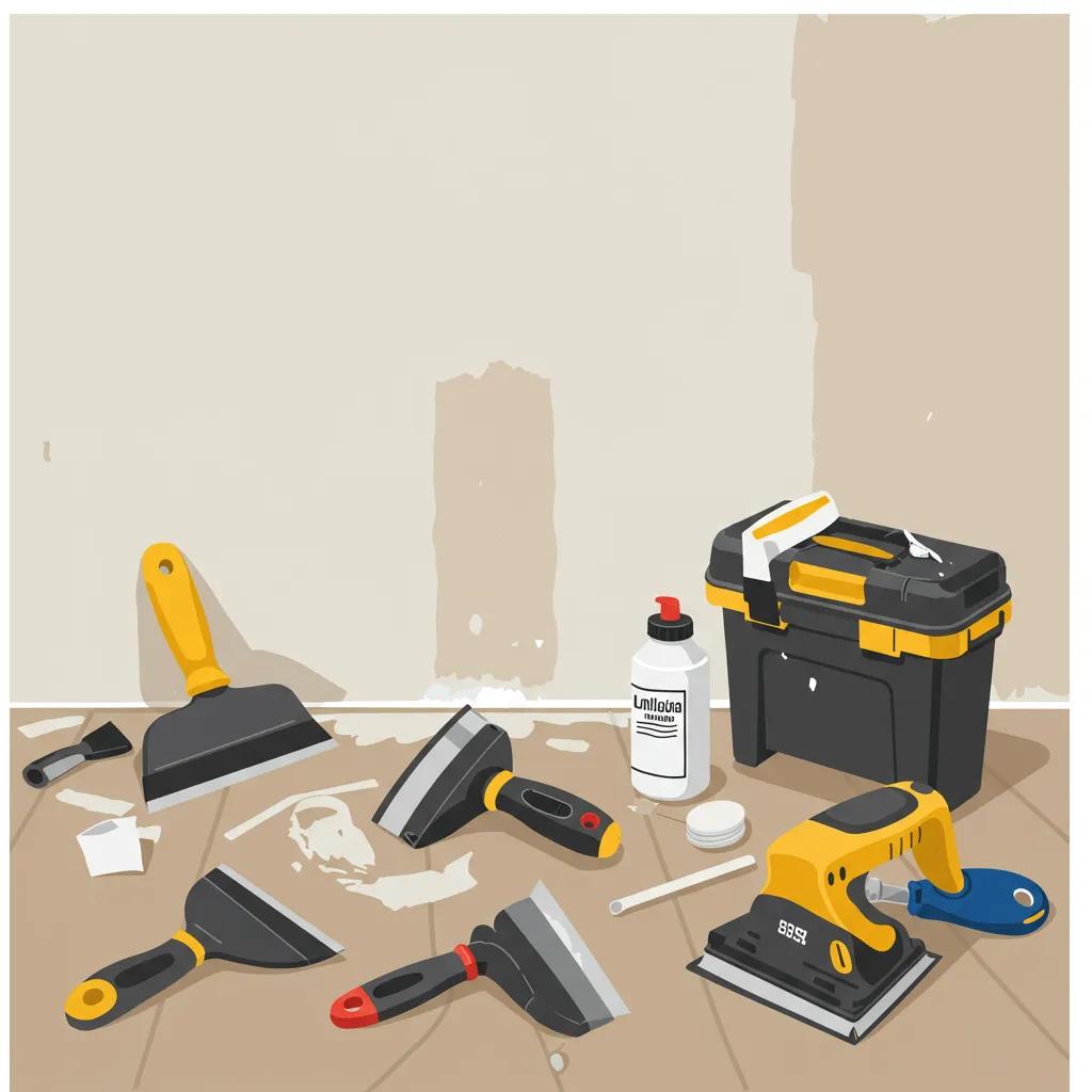 Tools for surface preparation in painting, including scrapers, sanders, and a toolbox, on a wall with patching areas, emphasizing the importance of thorough preparation for optimal paint adhesion and durability.