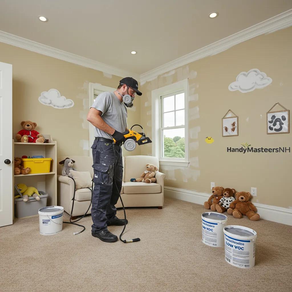 Professional painter applying low-VOC paint in a child's room, ensuring a safe and eco-friendly environment, with teddy bears and toys visible, highlighting HandyMasters Painting Co.'s commitment to non-toxic finishes.