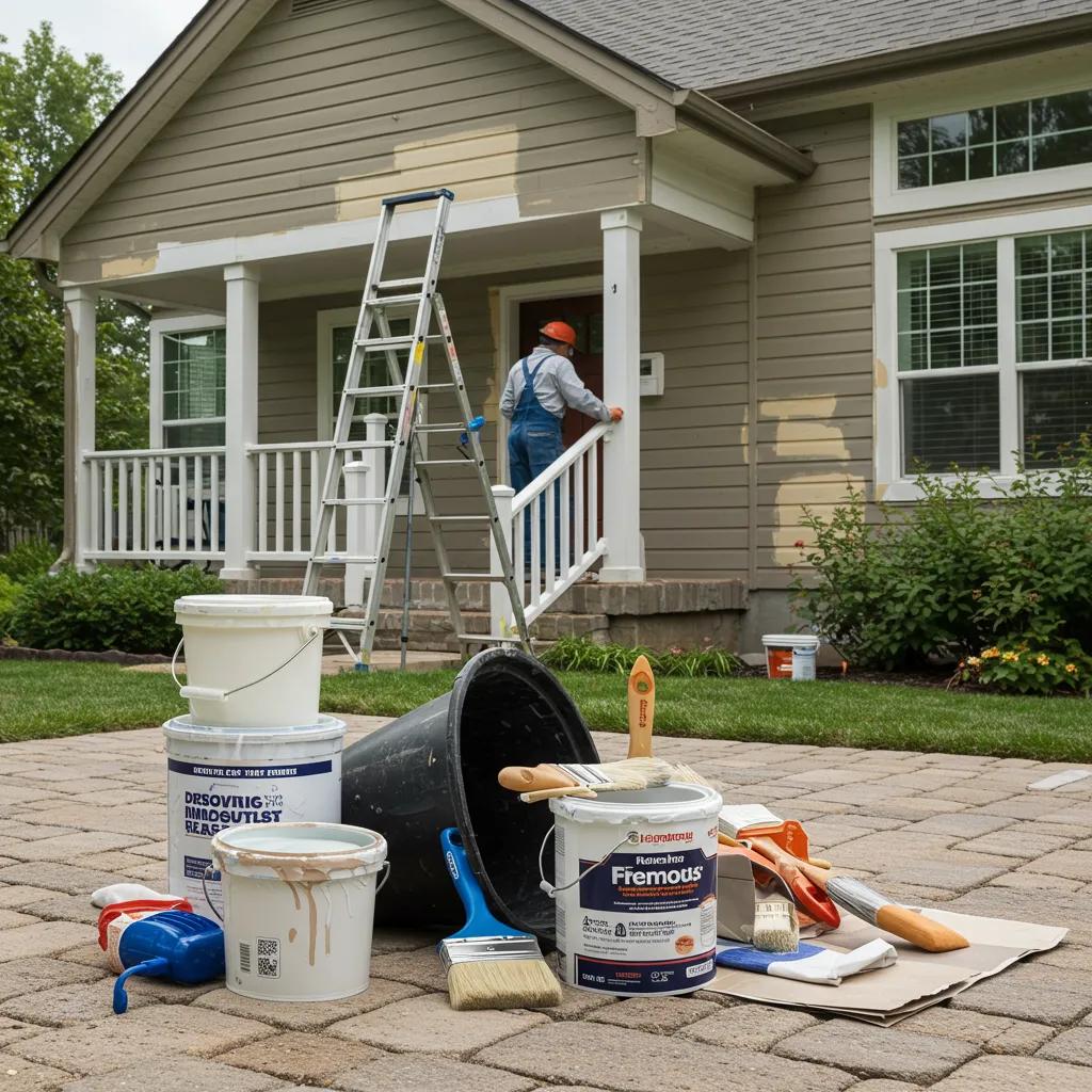 Professional painter working on a house exterior with tools and materials for a quality paint job, including paint buckets, brushes, and a ladder, emphasizing the importance of skilled labor and preparation in the painting process.