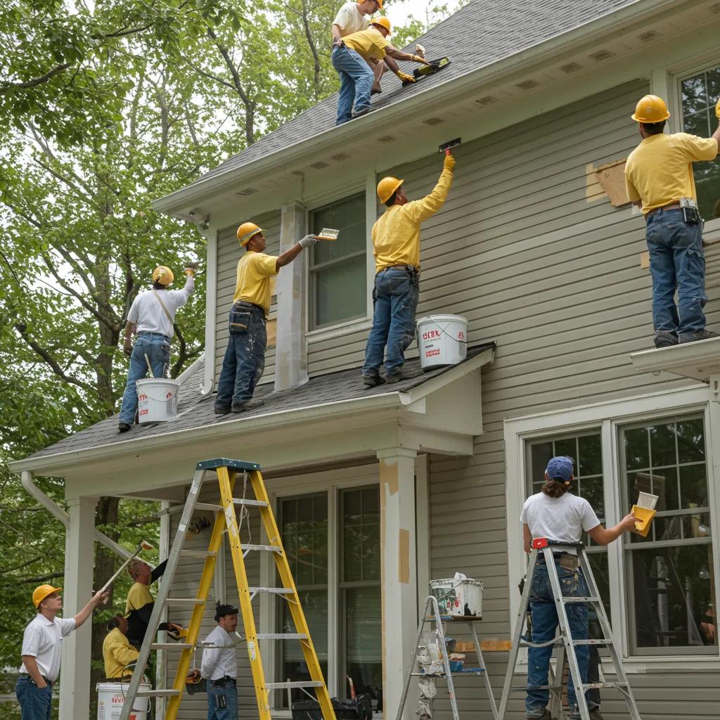 Skilled painting crew collaborating on a house, showcasing teamwork and labor investment in exterior painting project, with emphasis on surface preparation and quality workmanship.