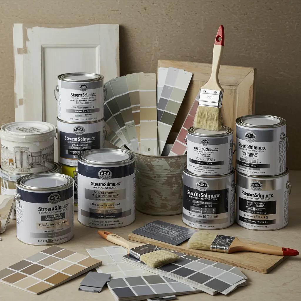 Variety of paint products and tools including cans of Steenn Solmux paint, paint brushes, and color swatches, showcasing options for modern and historic home painting solutions.