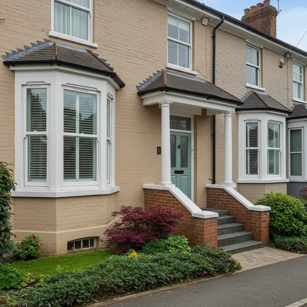 Well-coordinated Portsmouth home exterior featuring greige walls, white trim, and a welcoming entryway with landscaping, illustrating curb appeal for enhanced home sales.