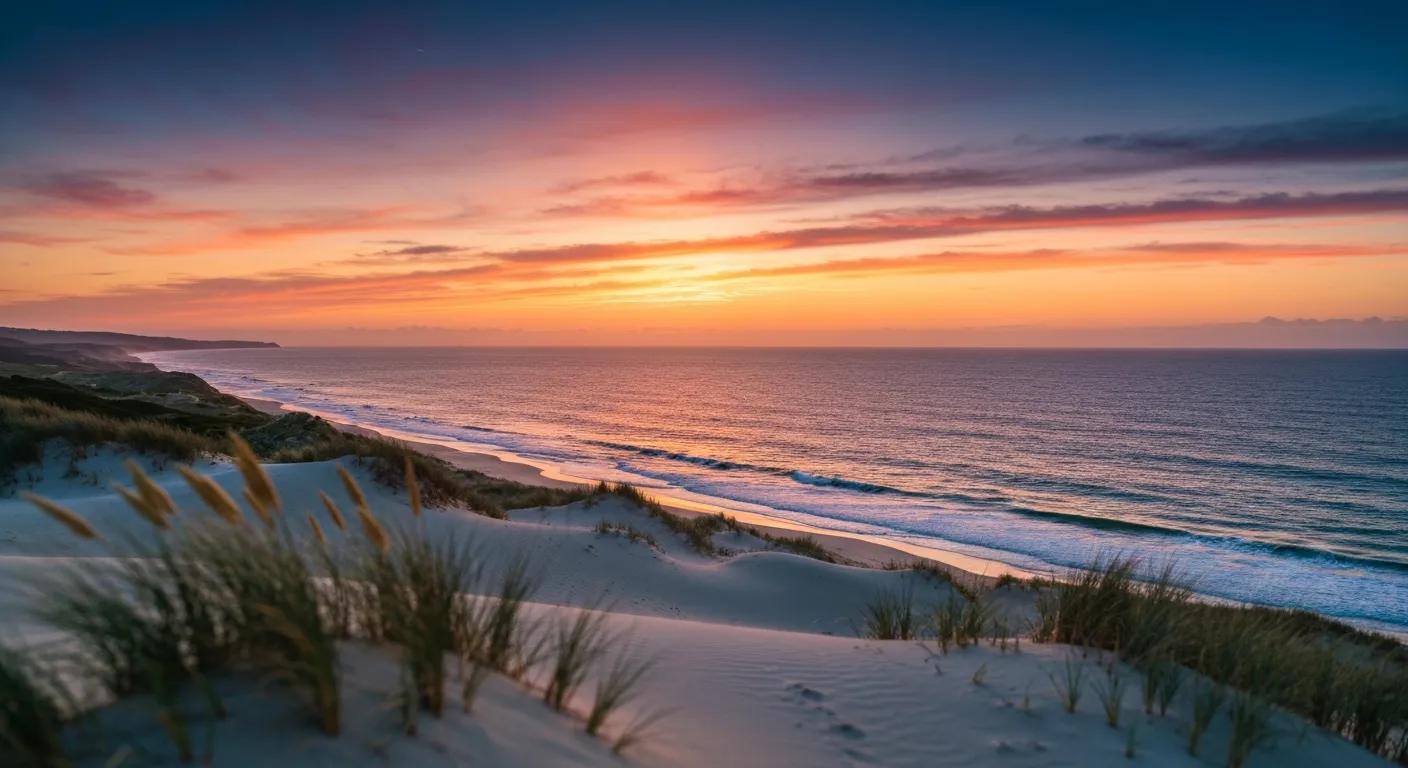 Coastal sunset over sandy dunes and ocean waves, highlighting serene beach colors and natural beauty, relevant to enhancing coastal home value through paint choices.