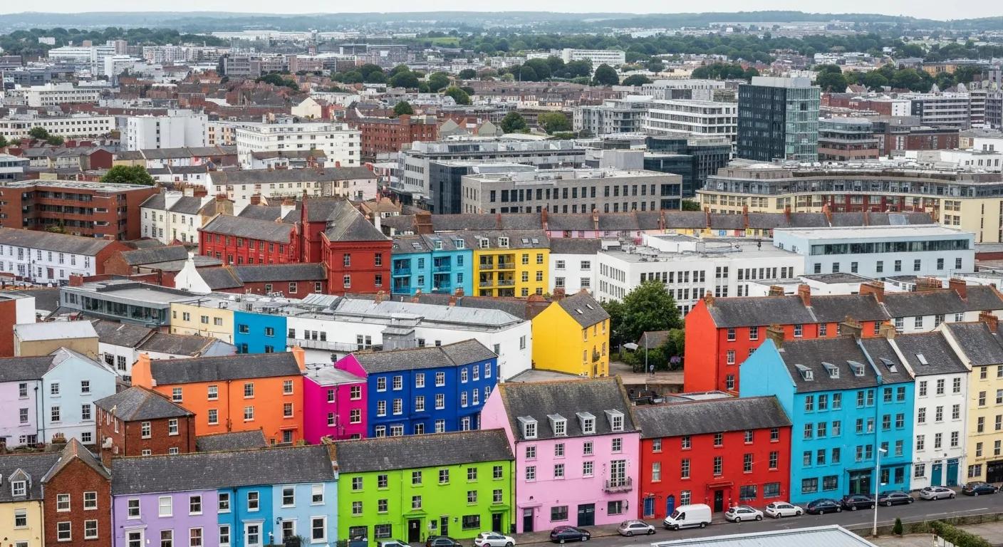Colorful residential buildings in Portsmouth, showcasing vibrant paint trends with bold hues like pink, blue, green, and yellow, reflecting the 2025 shift away from neutral colors in home design.