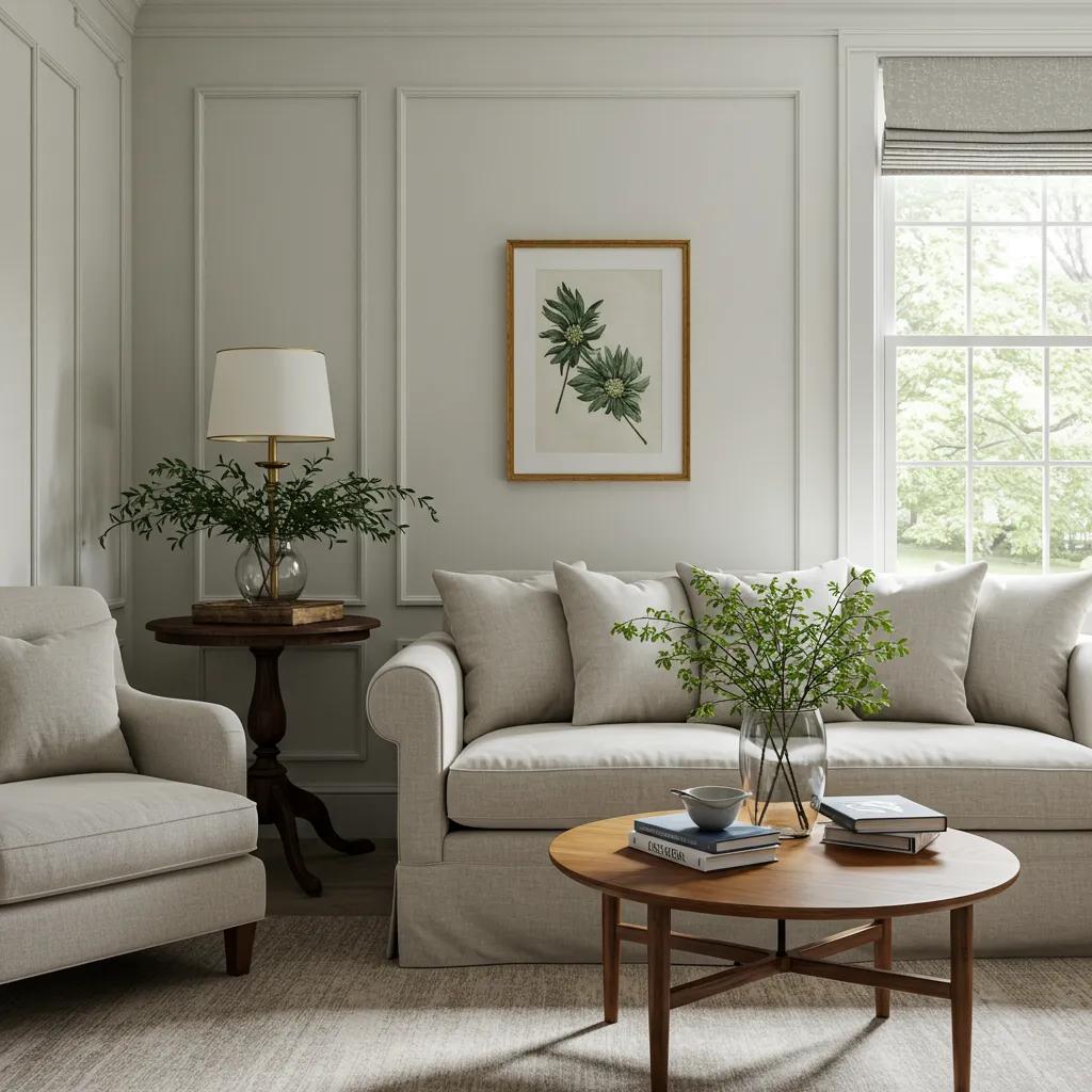 Bright and inviting interior of a Dover home featuring freshly painted light gray walls, cozy beige furniture, a decorative lamp, and a coffee table with books and a vase of greenery, emphasizing the importance of interior paint maintenance.
