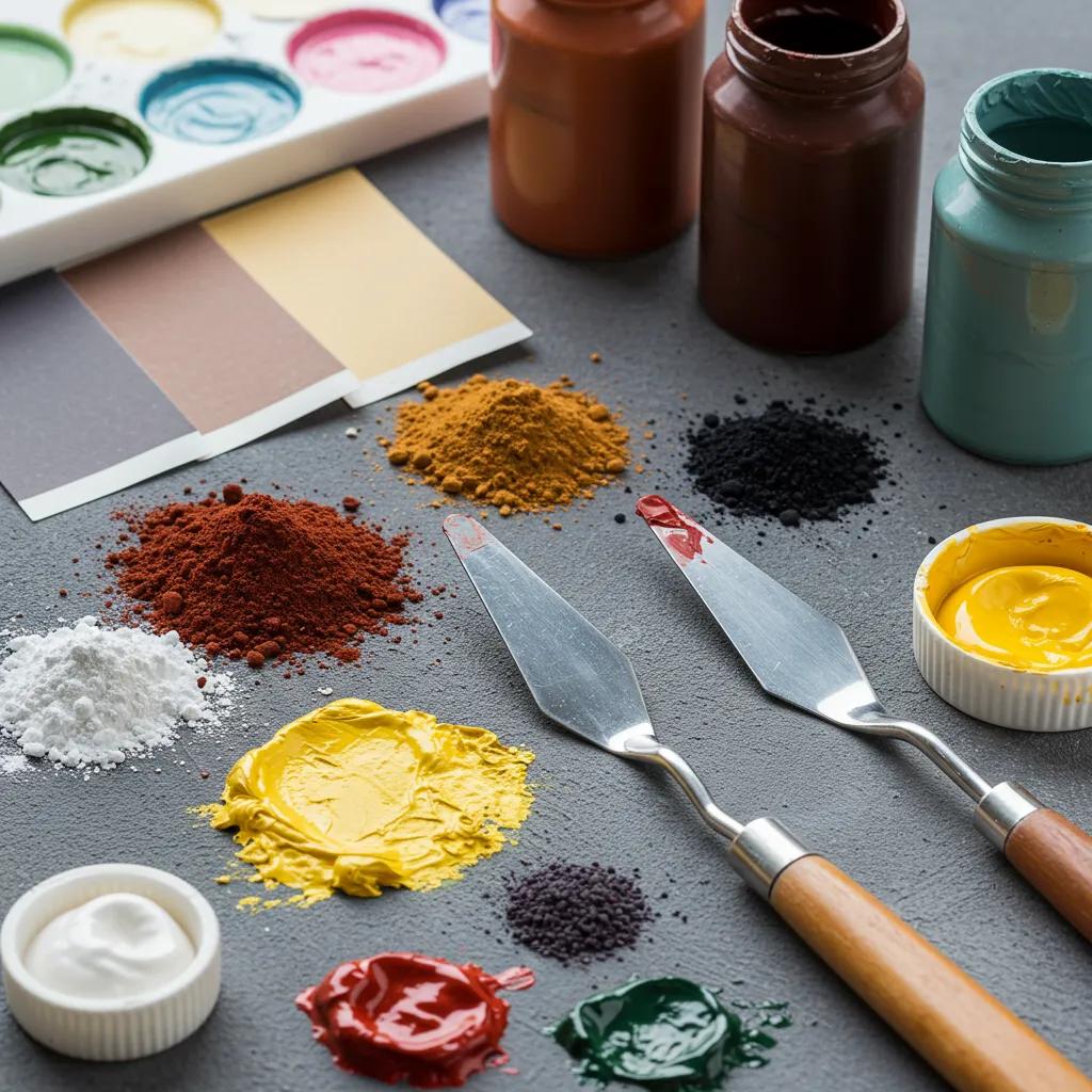 Close-up of paint samples including pigments, binders, and additives, showcasing various colors and textures, emphasizing their role in paint quality for home improvement projects.