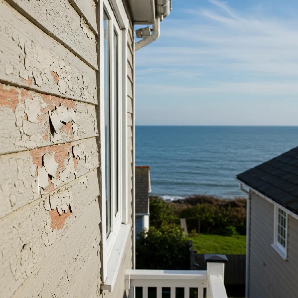 Close-up of peeling and blistering paint on coastal home siding, illustrating the impact of salt air and moisture on exterior paint durability, with ocean view in background.