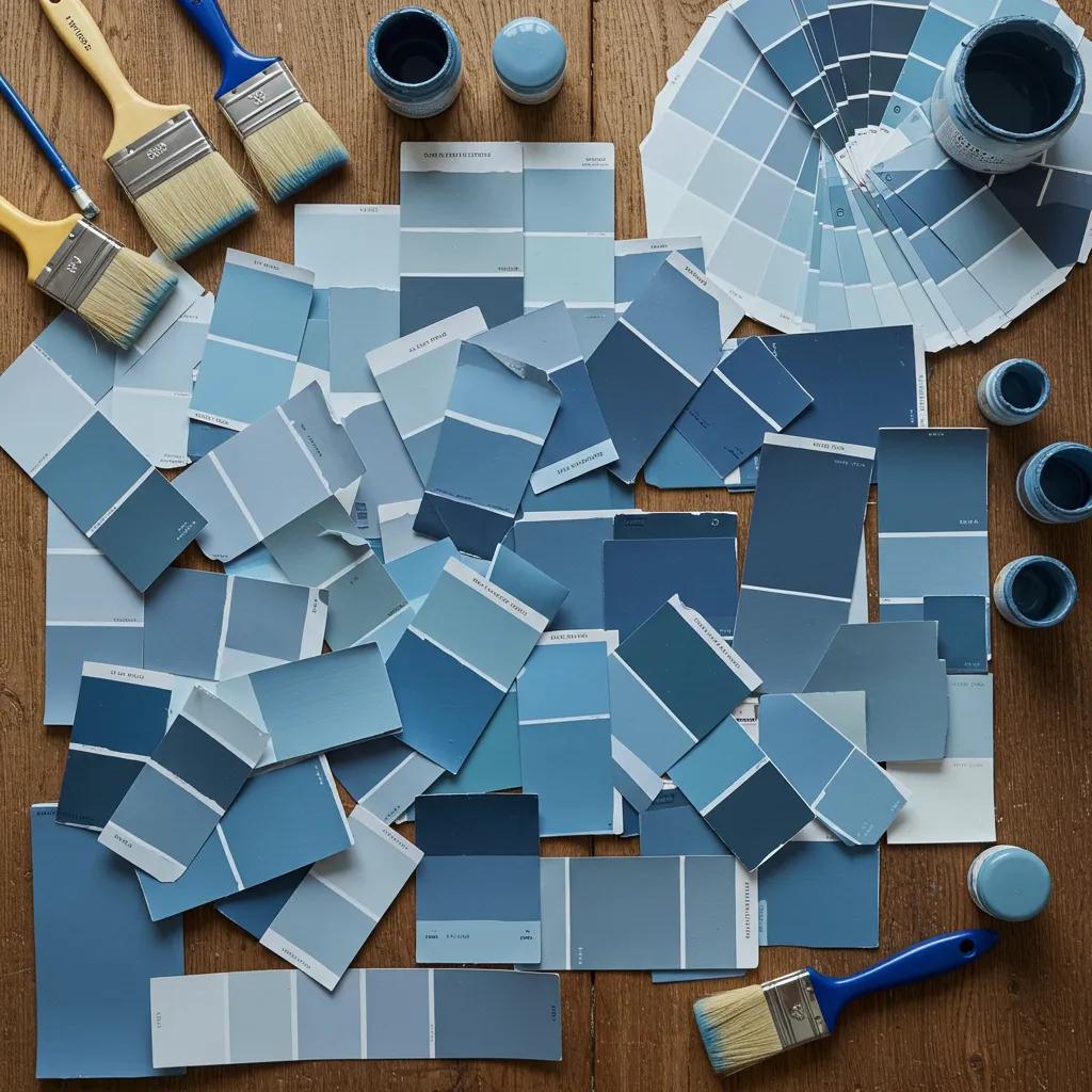 Collection of blue paint swatches showcasing 2025 color trends, featuring various shades from light to deep blues, paintbrushes, and paint cans on a wooden surface.