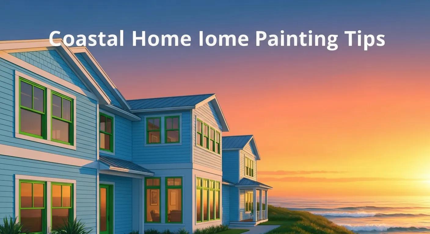 Coastal home painting tips with blue exterior and green trim, sunset backdrop, emphasizing durability for coastal conditions in Portsmouth, NH.