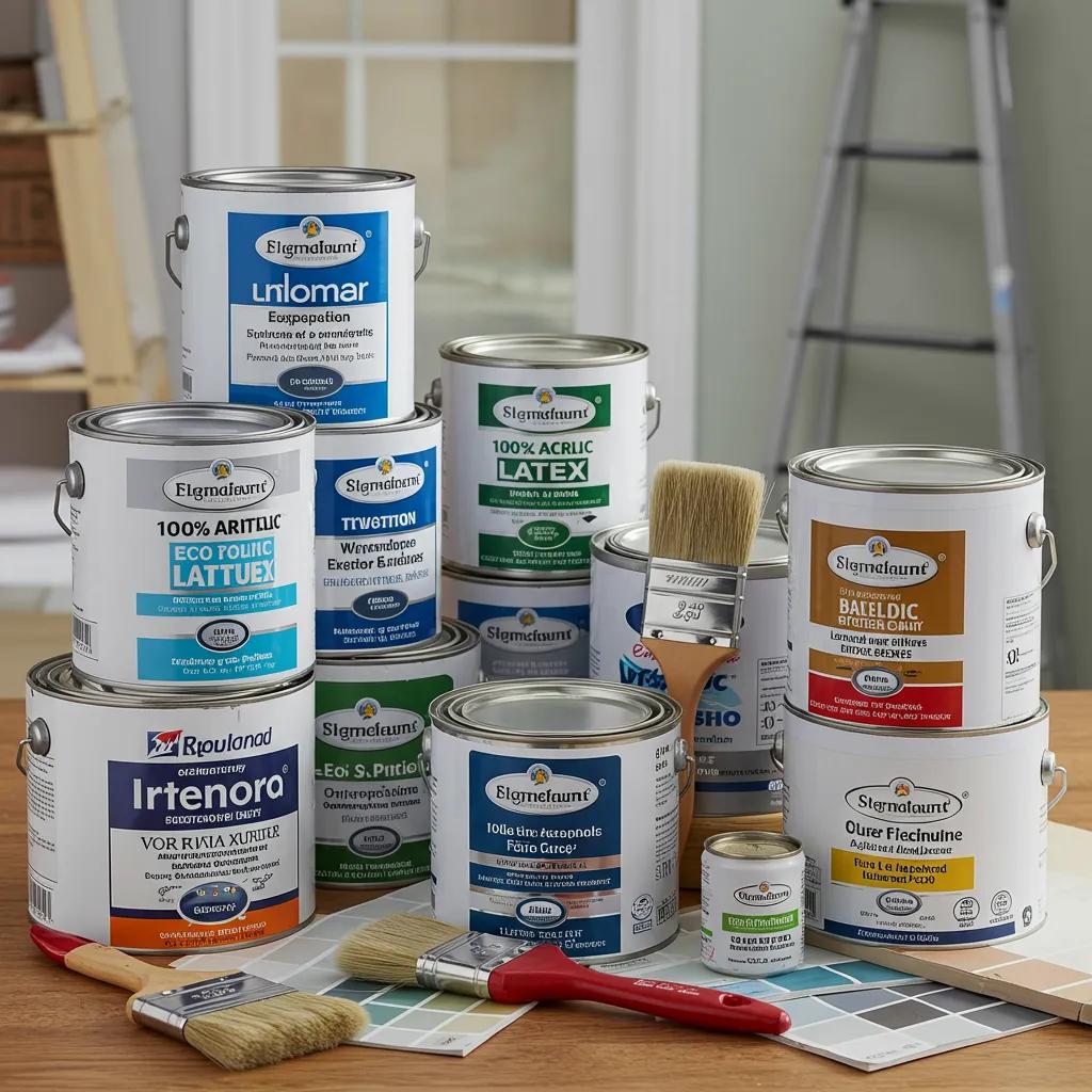 Display of various high-quality interior paint cans, including 100% acrylic latex and eco-friendly options, alongside painting tools in a well-lit workspace, highlighting durable paint choices for Dover homes.