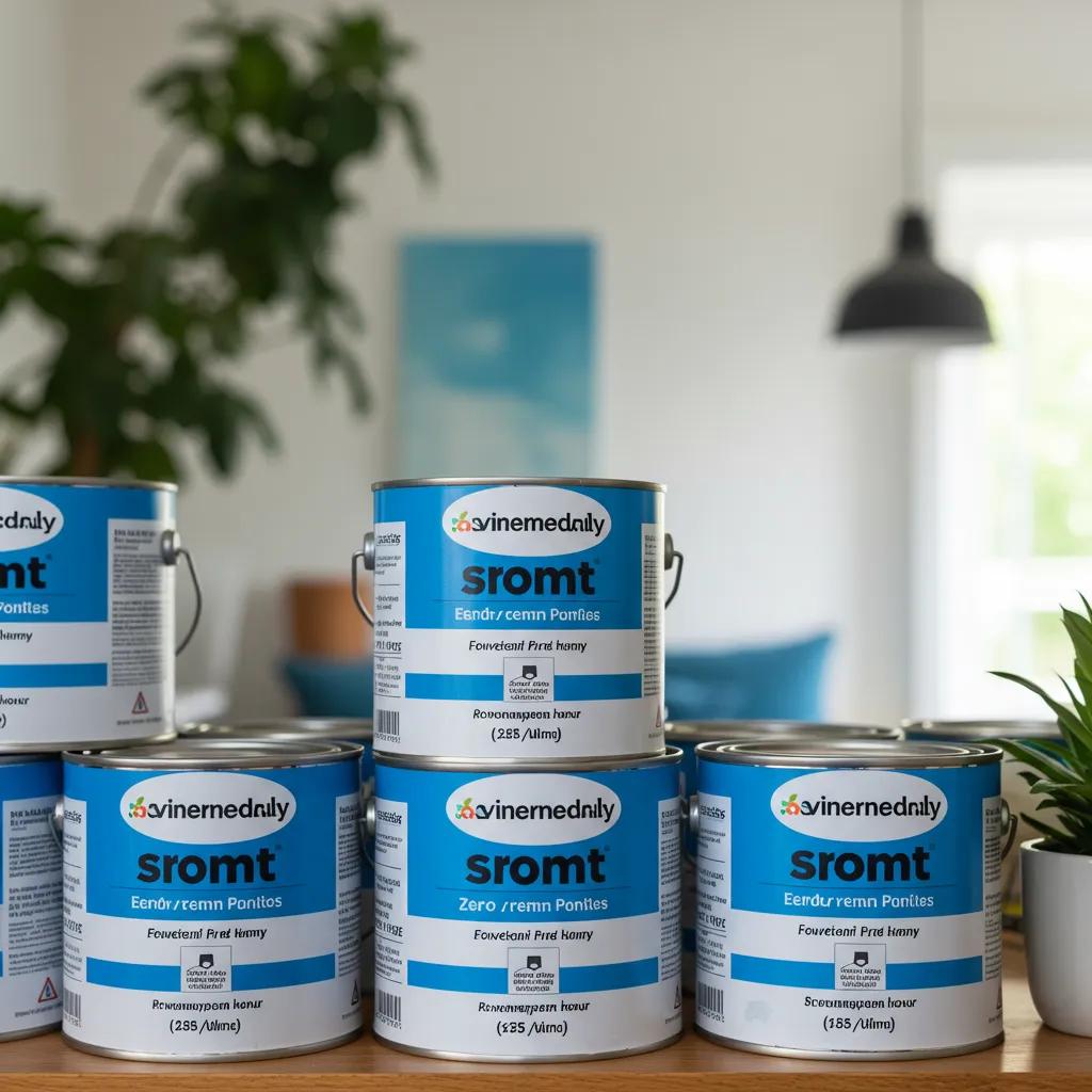Eco-friendly blue paint cans showcasing low-VOC features in a bright room, emphasizing sustainable options for interior design.