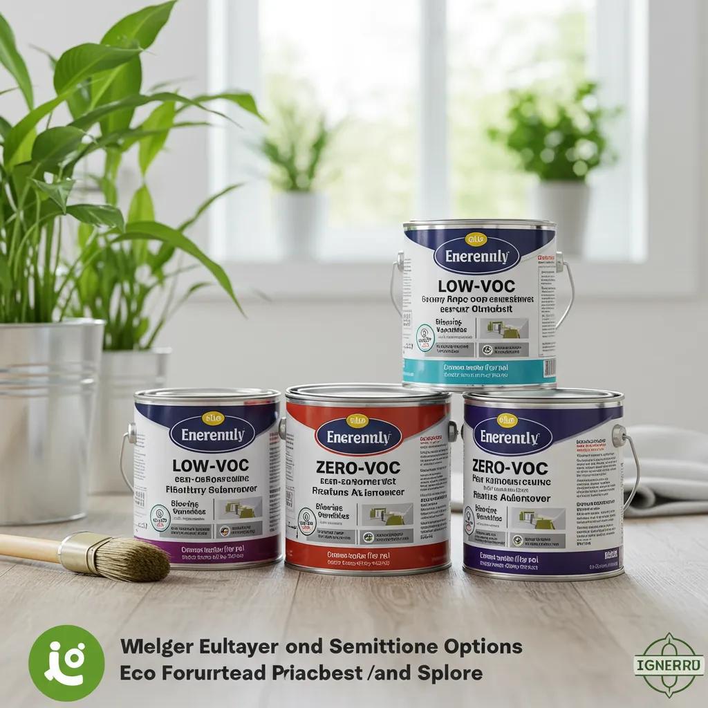 Eco-friendly paint cans labeled "Low-VOC" and "Zero-VOC" in a bright, natural setting, showcasing options for health-conscious homeowners and emphasizing environmental benefits.