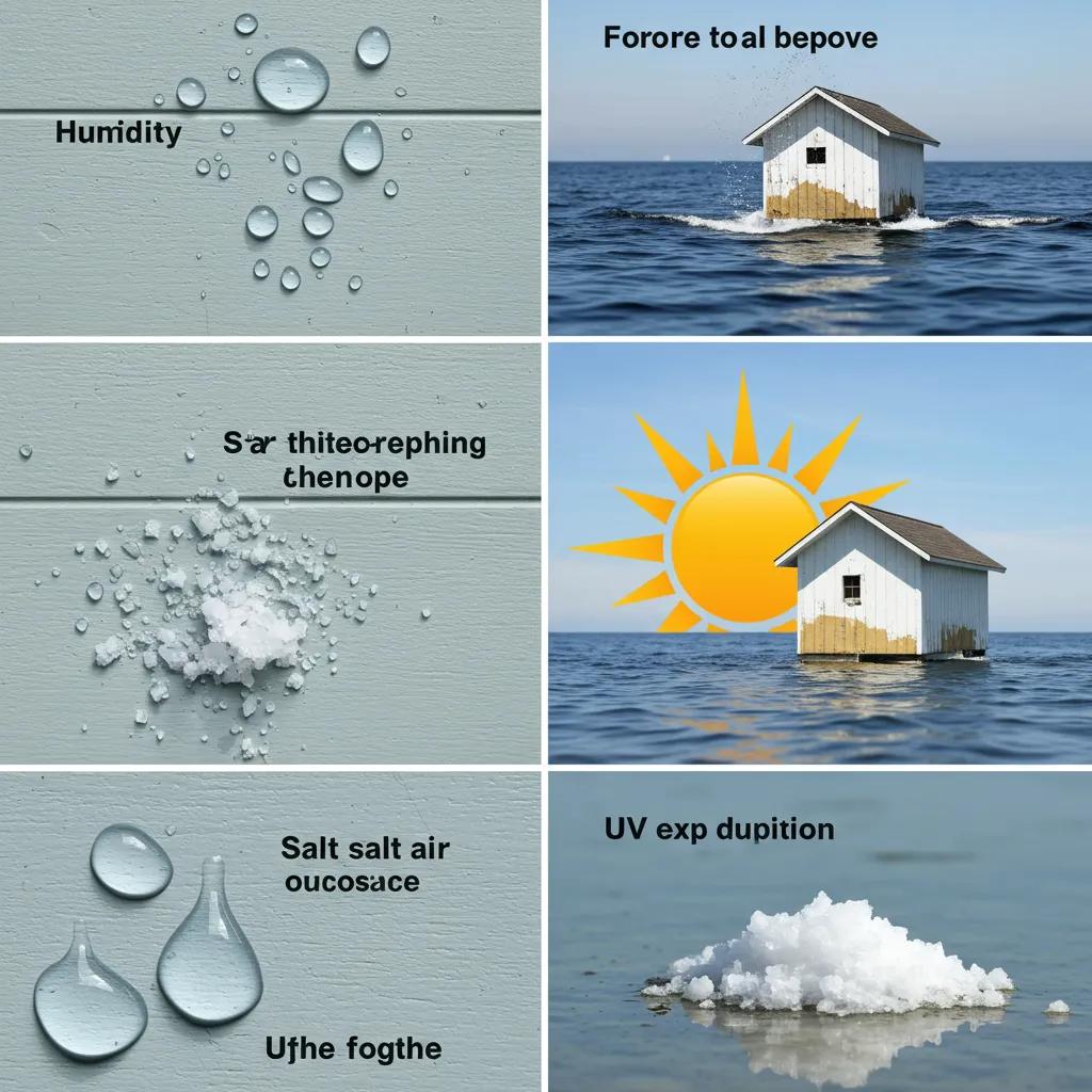 Humidity and salt exposure on coastal homes, with visual representations of moisture droplets and salt deposits affecting paint integrity, alongside a house on water and sun icon illustrating UV impact.