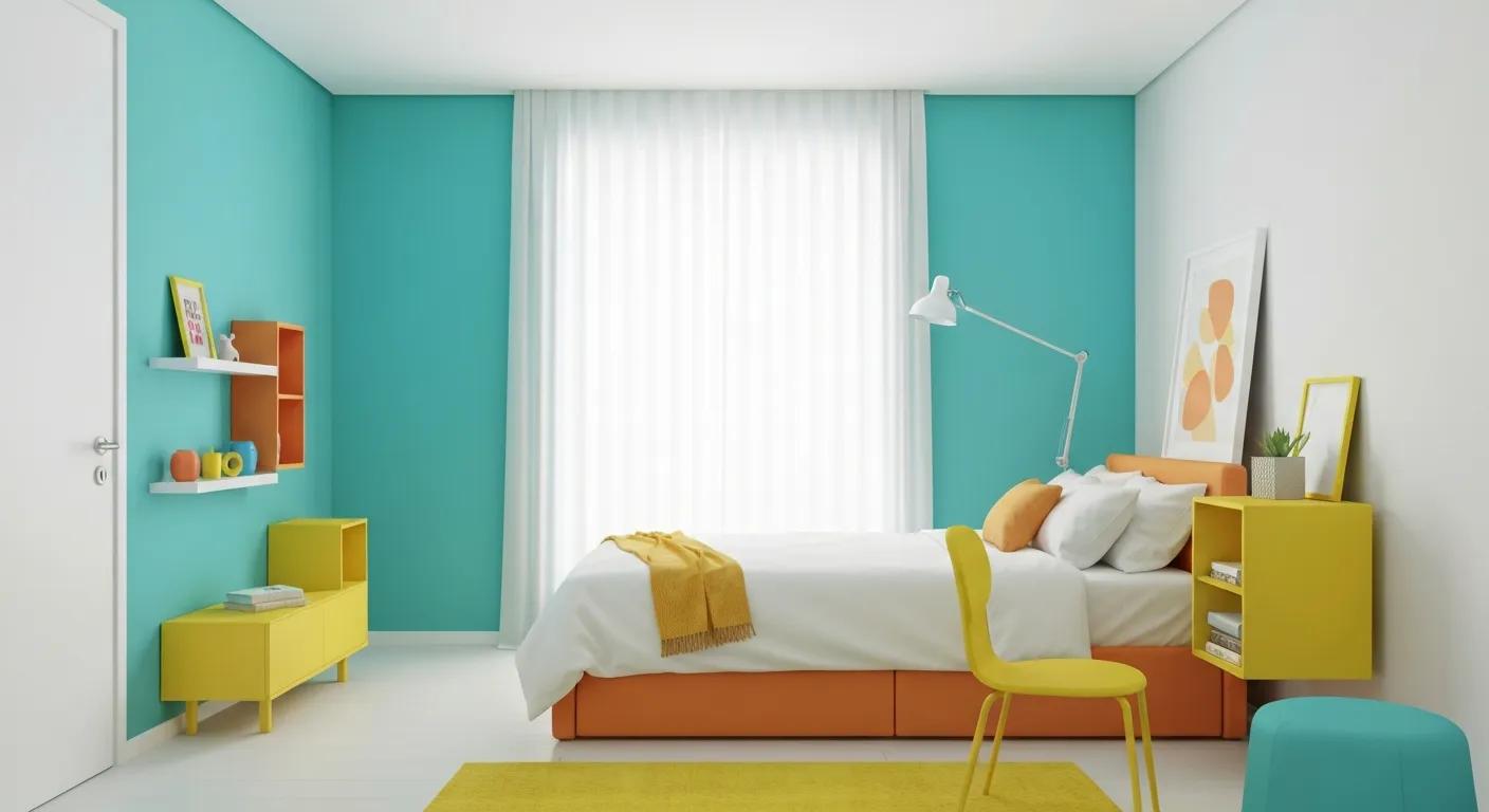 Brightly colored small bedroom with turquoise and yellow walls, featuring a bed with orange base, white bedding, yellow chair, and minimalist decor, illustrating effective use of color to enhance space perception in compact rooms.