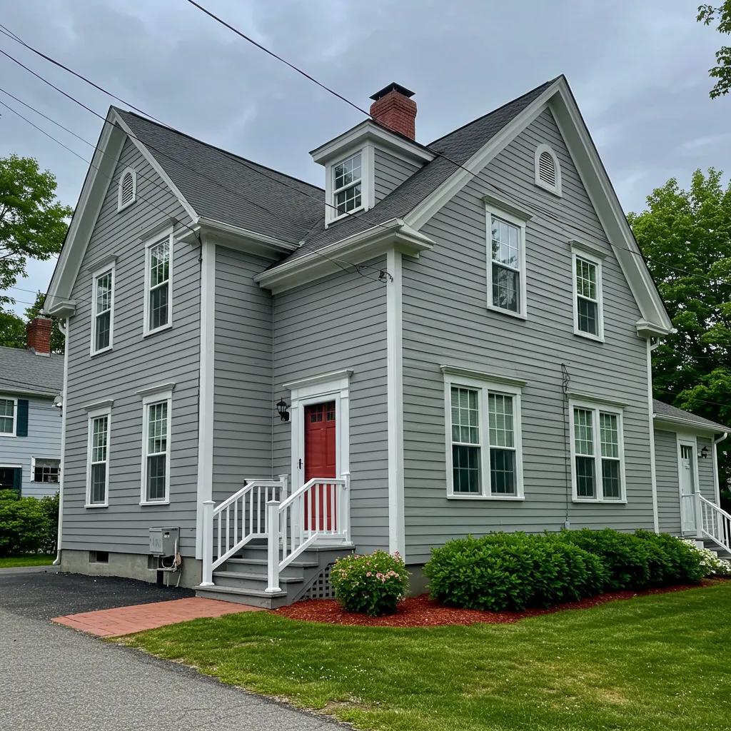 Freshly painted gray home exterior in Dover, NH with red door, showcasing the importance of regular repainting for protection and curb appeal.