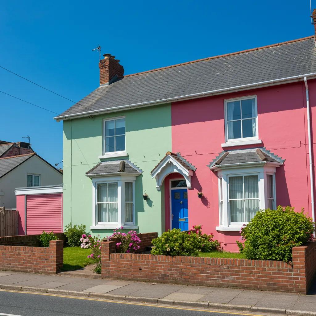 Freshly painted Portsmouth home exterior showcasing coastal style with vibrant green and pink colors, featuring a blue door and landscaped front garden, emphasizing seasonal painting trends.