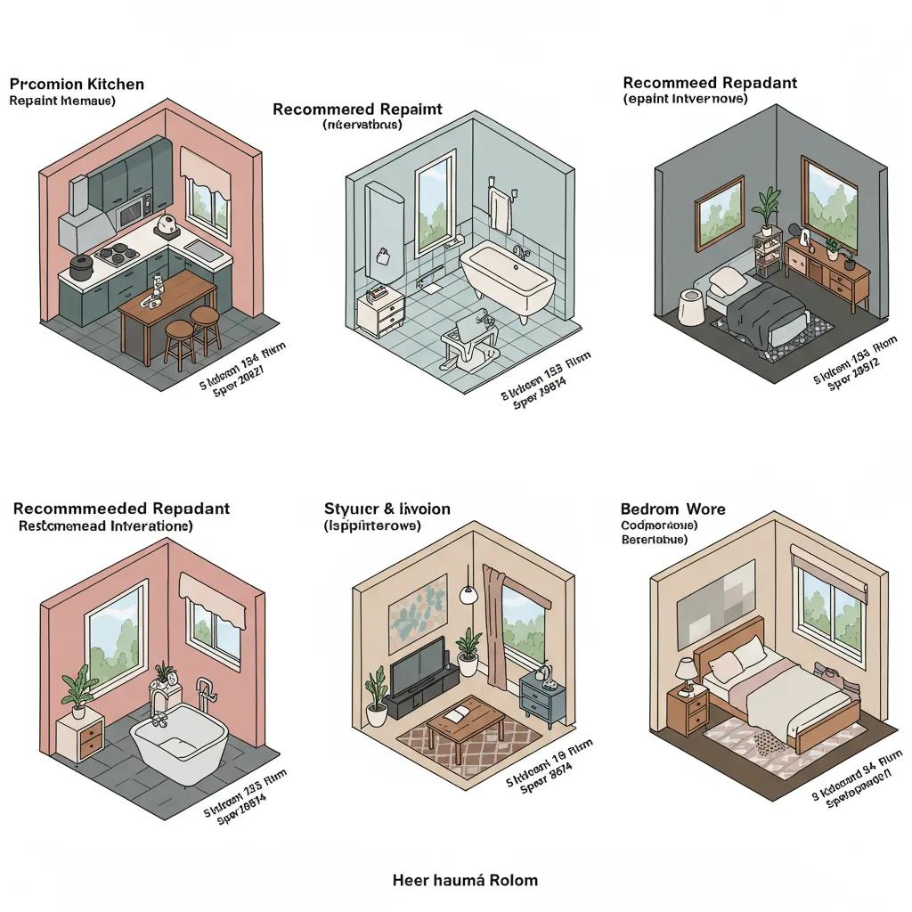 Illustration of different home rooms with suggested repaint intervals, including kitchen, bathroom, living room, and bedroom, emphasizing maintenance and repainting guidance for homeowners in Dover, NH.