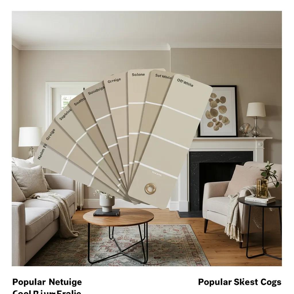 Neutral paint color swatches including greige, warm gray, soft beige, and off-white displayed in a cozy living room setting, highlighting popular choices for rental properties in Durham, NH.