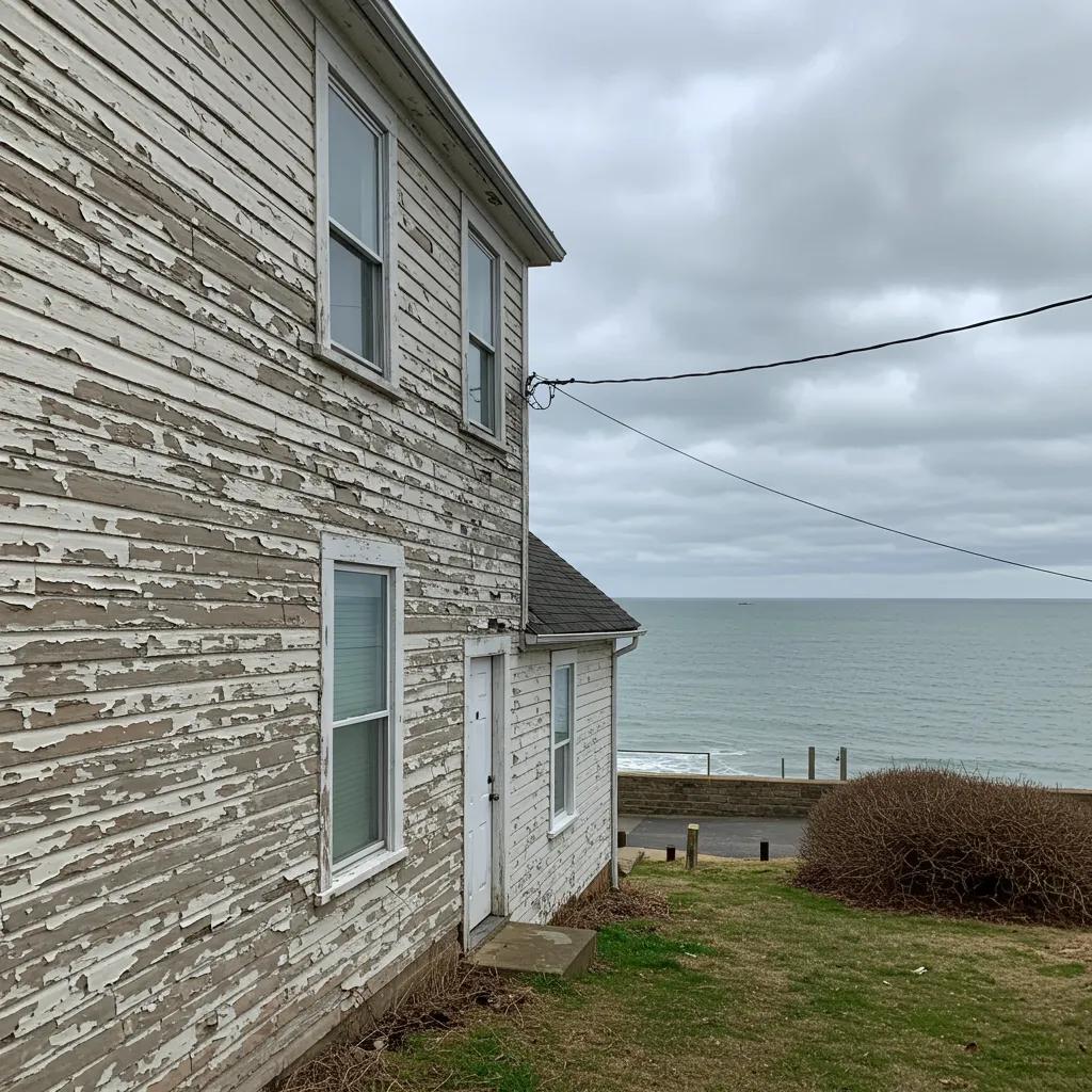 Peeling exterior paint on a coastal home in Portsmouth, NH, illustrating paint failure due to humidity and salt air, with the ocean visible in the background.