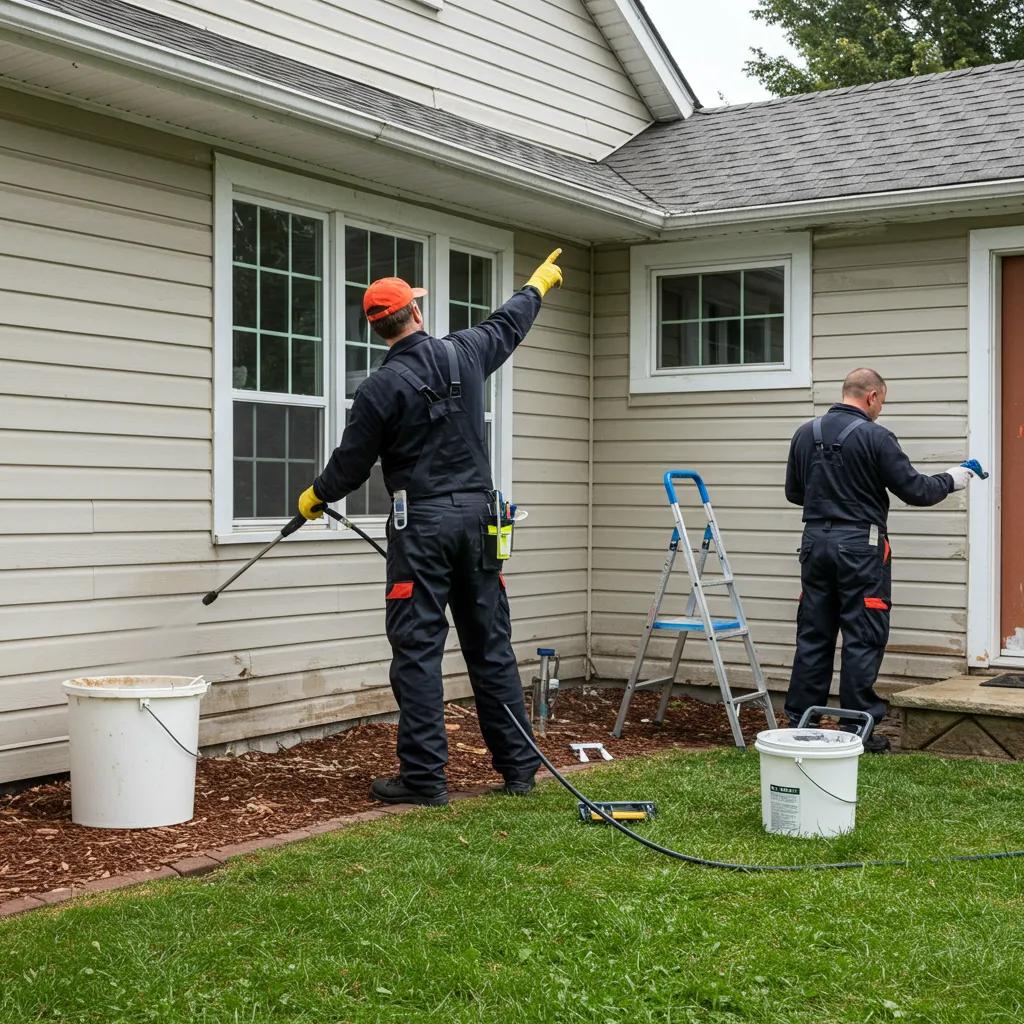 Professional painters preparing a home's exterior for repainting, showcasing thorough surface preparation with high-pressure washing and inspection, essential for durability in Dover's climate.