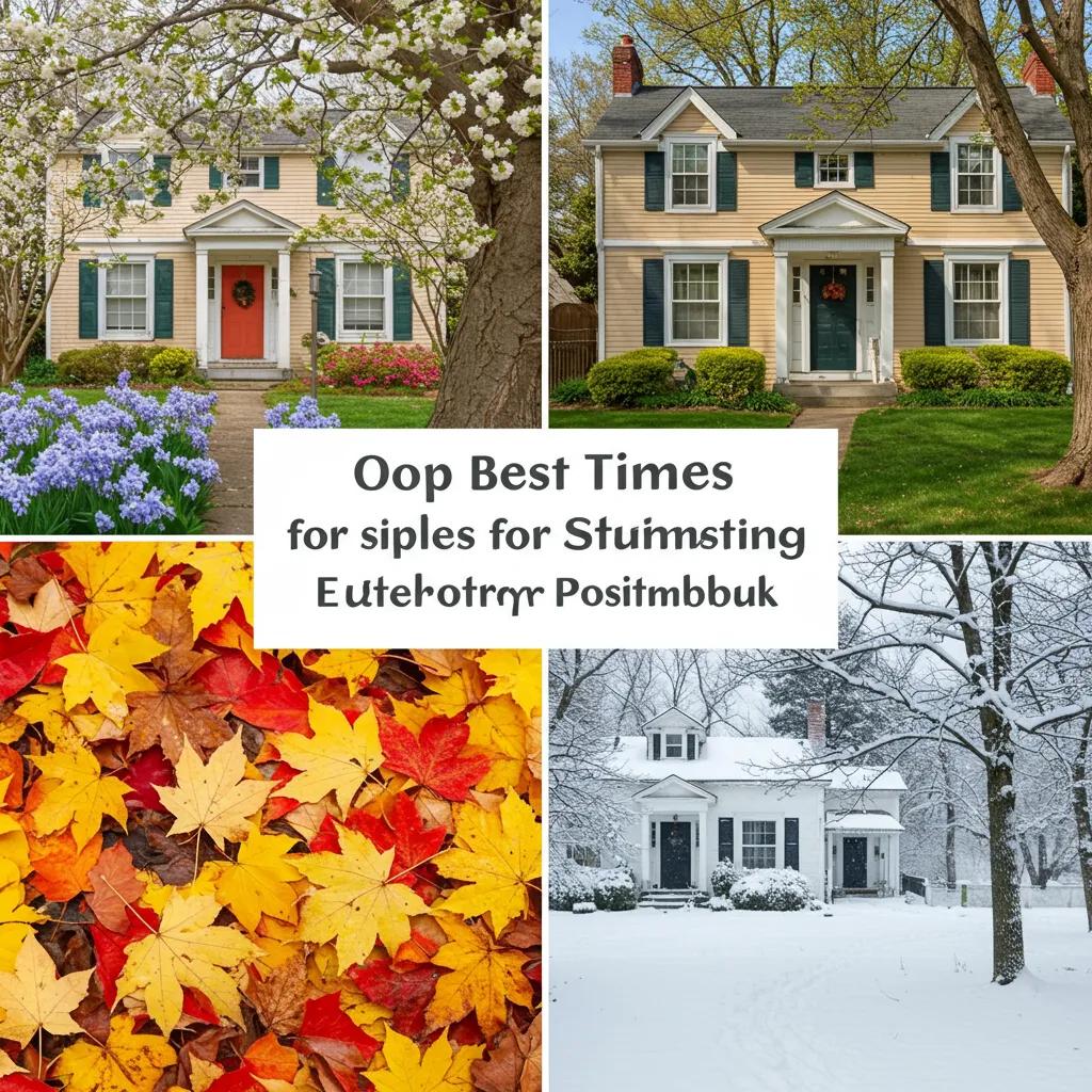 Seasonal collage illustrating the best times for exterior painting in Portsmouth, featuring spring flowers, summer greenery, autumn leaves, and a winter scene with snow-covered homes.