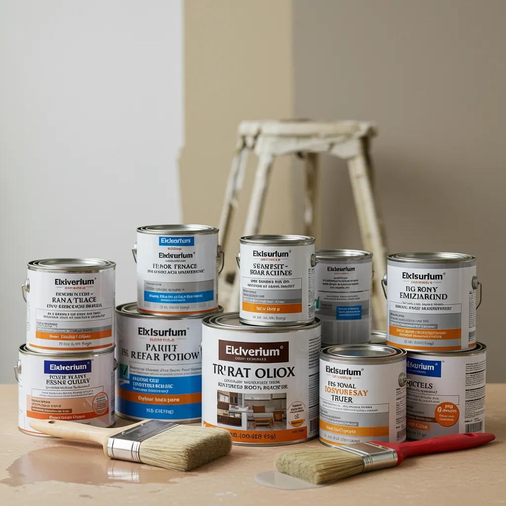 Selection of durable and washable paint cans for rental units, featuring low-VOC options, with paintbrushes on a surface, against a backdrop of neutral wall colors.