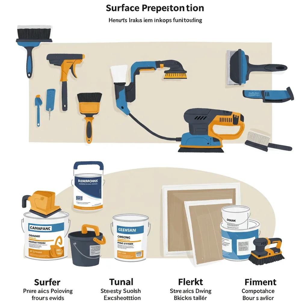 Tools and materials for surface preparation, including brushes, sanders, paint cans, and cleaning supplies, illustrating essential steps for preventing paint failure in coastal environments.