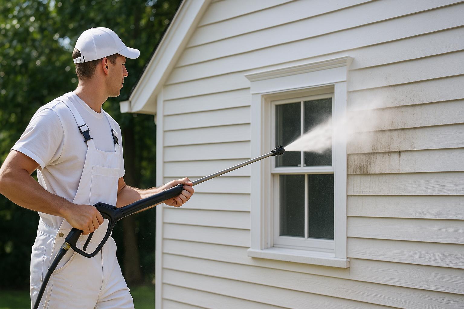 Person pressure washing a wooden deck, demonstrating essential cleaning steps for deck maintenance