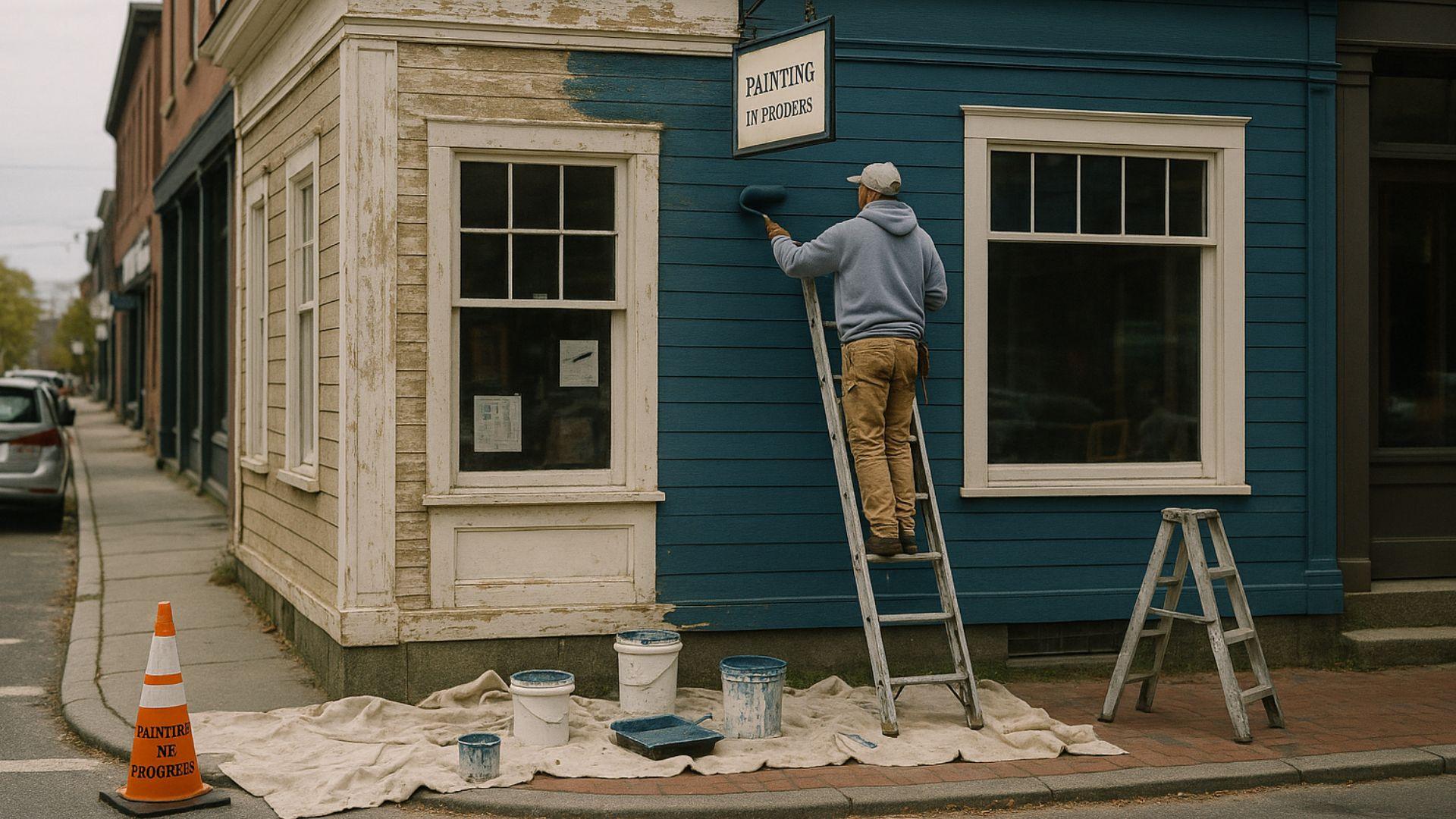 Painter applying high-quality paint to the trim of a historic Victorian home, showcasing painting techniques