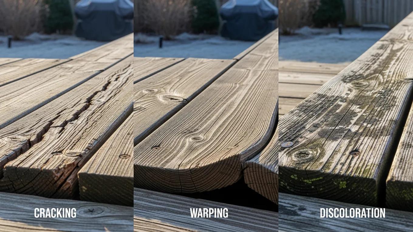 Close-up of wood stress indicators on a deck, including cracks and discoloration