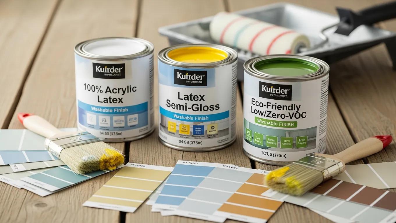 Display of washable paint cans and swatches highlighting best finishes for family homes
