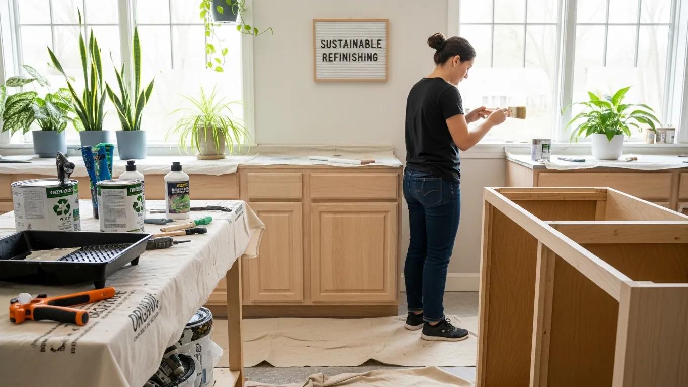 Eco-friendly cabinet refinishing process highlighting sustainable materials and practices