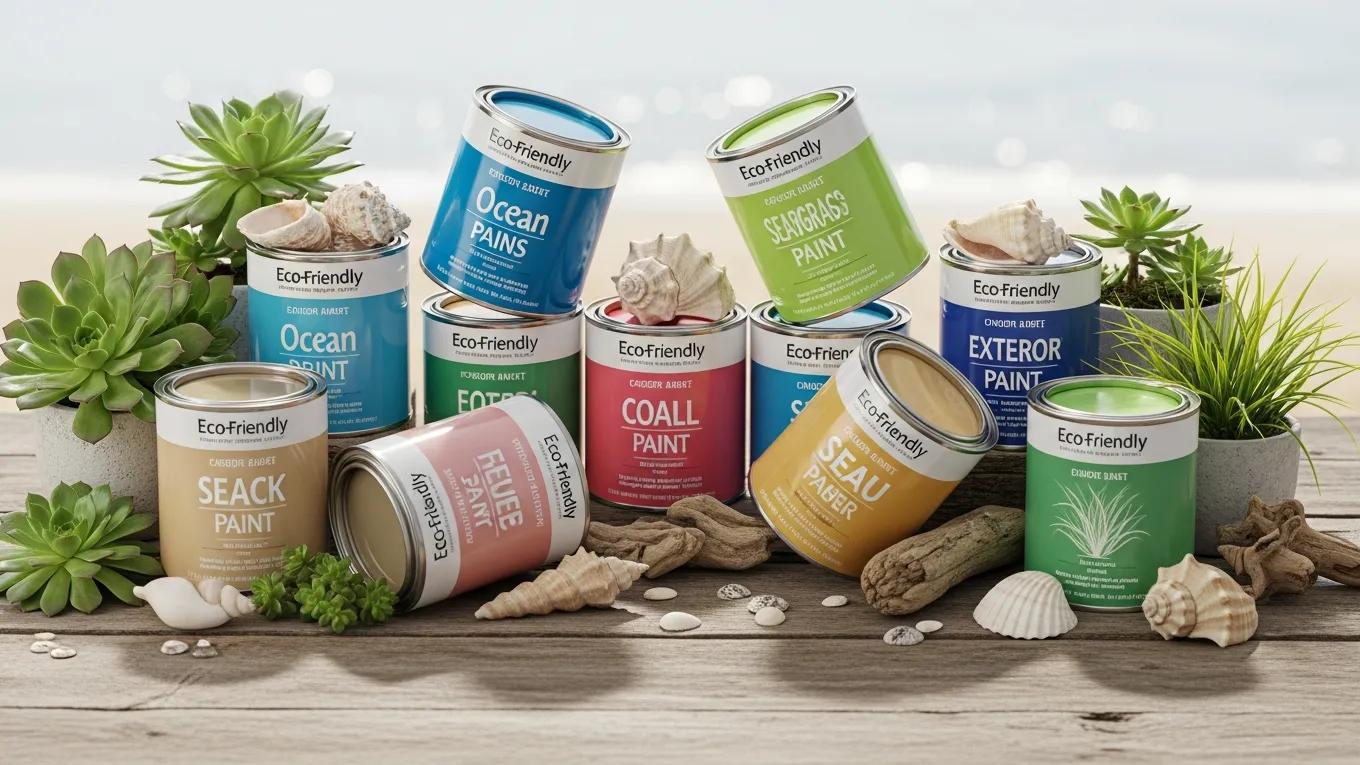 Eco-friendly exterior paint cans emphasizing sustainability for seaside homes